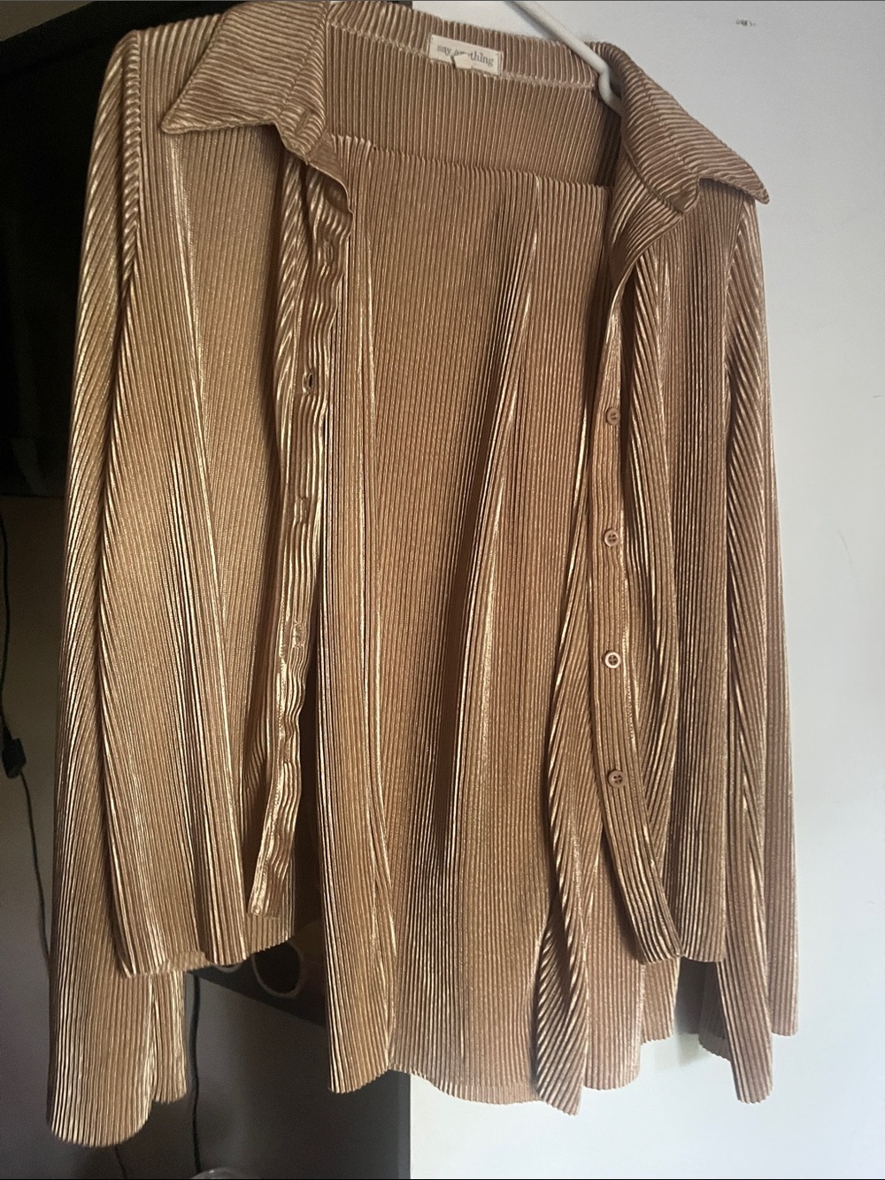 Metallic Tan Pleated Long-Sleeve Button Cardigan Sweater